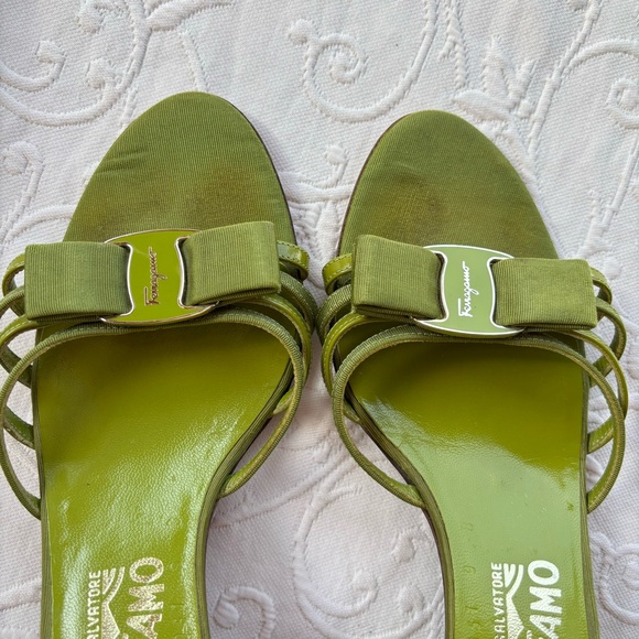 Green Claretta Leather Kitten Heel Sandals by Salvatore Ferragamo Size 9 - Picture 10 of 14
